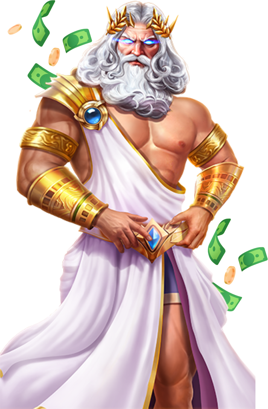 Zeus with money floating around him.